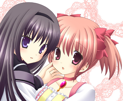 akemi_homura black_hair blush bust face-to-face face_to_face hairband hand_on_another's_cheek hand_on_another's_face hand_on_cheek hug kaname_madoka long_hair lowres magical_girl mahou_shoujo_madoka_magica multiple_girls nekoneko open_mouth pink_hair purple_eyes school_uniform short_hair simple_background twintails violet_eyes yuri