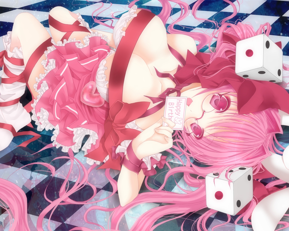 bespectacled bow breasts bunny_ears checkered checkered_floor di_gi_charat dice footwear glasses hair_bow happy_birthday long_hair lying on_back open_mouth pink_eyes rara419 red-framed_glasses ribbon skirt socks solo twintails usada_hikaru