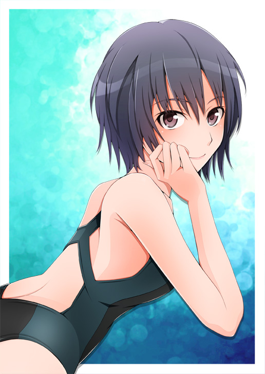 1girl amagami bare_shoulders black_hair competition_swimsuit face hand_on_own_face hand_to_face kishida-shiki looking_at_viewer nanasaki_ai one-piece_swimsuit pink_eyes short_hair smile solo swimsuit