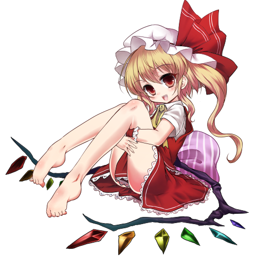 ascot ass bare_legs barefoot between_legs blonde_hair blush censored child convenient_censoring feet flandre_scarlet hat hat_ribbon leg_hug legs legs_up lowres mondo open_mouth red_eyes ribbon shirt side_ponytail simple_background sitting skirt skirt_set smile solo the_embodiment_of_scarlet_devil touhou transparent_background wings wrist_cuffs wrist_ribbon