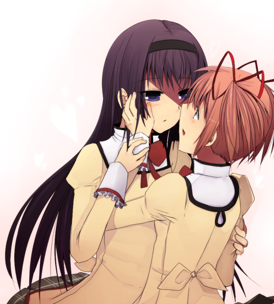 akemi_homura black_hair blush bust eye_contact face-to-face face_to_face hairband hand_on_another's_cheek hand_on_another's_face hand_on_cheek hinagi_(fox_priest) hug incipient_kiss kaname_madoka long_hair looking_at_another mahou_shoujo_madoka_magica multiple_girls pink_hair purple_eyes school_uniform short_hair simple_background twintails violet_eyes yuri