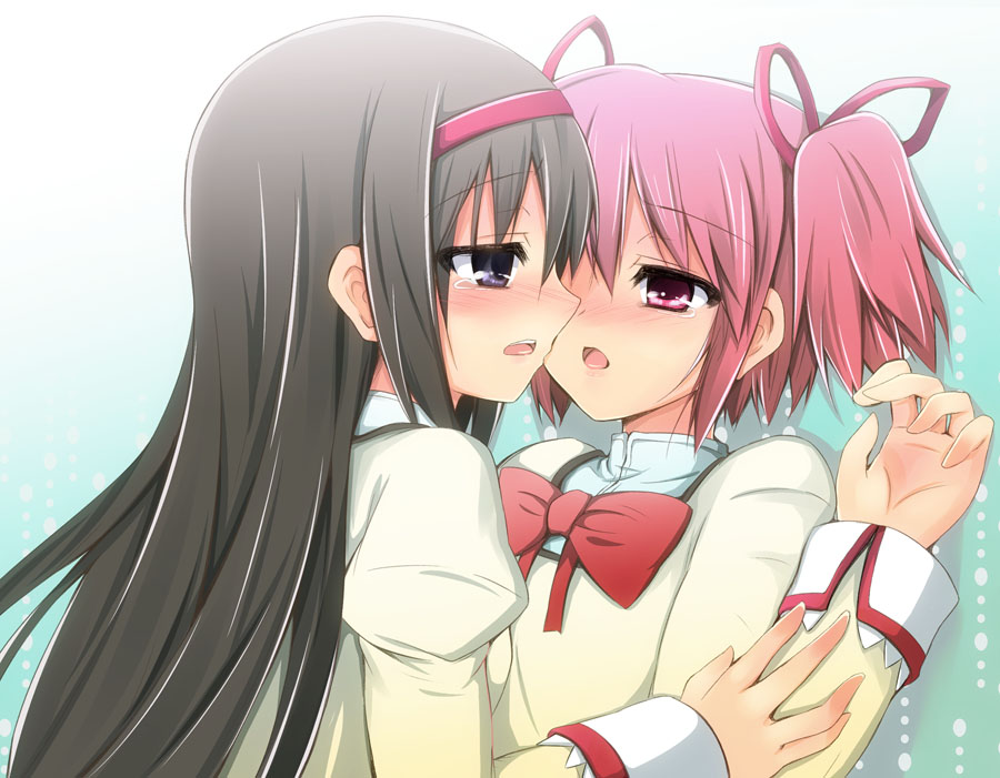 akemi_homura black_hair blush bust face-to-face face_to_face incipient_kiss kaname_madoka long_hair mahou_shoujo_madoka_magica mouth_hold multiple_girls open_mouth pink_eyes pink_hair purple_eyes ribbon_in_mouth school_uniform sen_(astronomy) short_hair tears twintails violet_eyes yuri