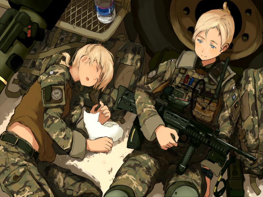 assault_rifle blonde_hair blue_eyes bottle cat copyright_request fatigues glock23 gun knee_pads l85 marker military military_uniform military_vehicle radio rifle rocket_launcher shibafu_(glock23) sleeping smile uniform union_jack vehicle water_bottle weapon