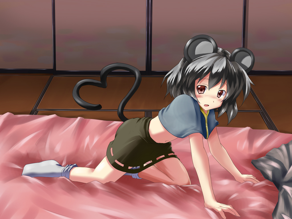 all_fours animal_ears bed blush grey_hair heart heart_tail kneeling midriff mouse_ears mouse_tail navel nazrin red_eyes revised revision ryogo short_hair skirt solo tail touhou