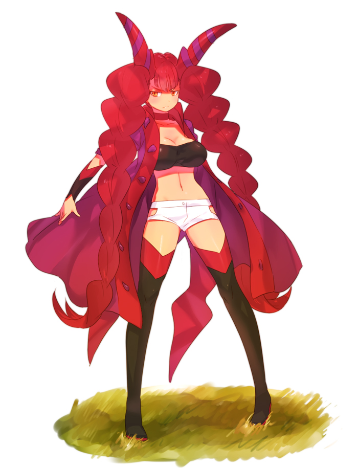 black_boots braid breasts choker cleavage dummy04 gijinka horns jacket large_hair long_hair midriff moemon naso4 navel orange_eyes personification pokemon pokemon_(game) purple red red_dress red_hair scolipede scowl short_shorts shorts simple_background slit_pupils solo thigh_boots thighhighs tubetop twin_braids very_long_hair white_background white_shorts zettai_ryouiki