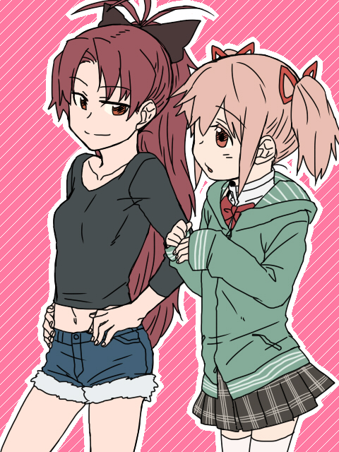 alternate_costume black_shirt blush bow casual denim denim_shorts hair_bow hair_ornament hair_ribbon hands_on_hips hoodie jacker jacket kaname_madoka long_hair mahou_shoujo_madoka_magica midriff multiple_girls navel open_mouth pink_eyes pink_hair plaid plaid_skirt pleated_skirt ponytail red_eyes red_hair ribbon sakura_kyouko school_uniform short_hair short_shorts short_twintails shorts skirt sleeves_past_wrists smile sweater thighhighs torinone twintails white_legwear yuri