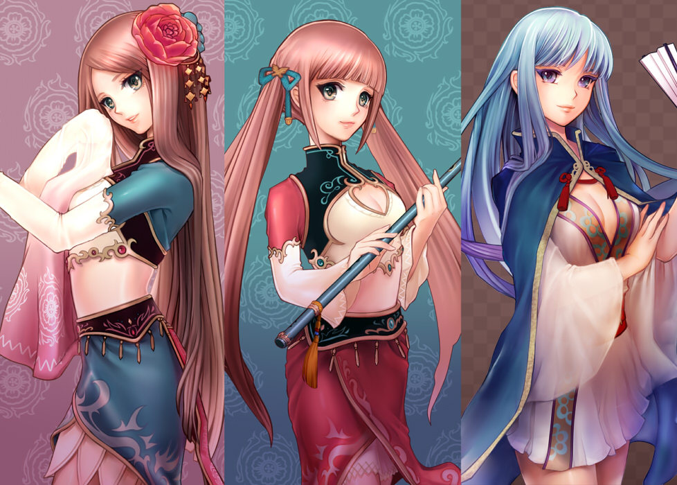 blue_hair breasts brown_hair bushou_chronicle cape cleavage cleavage_cutout fan flower folding_fan green_eyes hair_flower hair_ornament hair_ribbon lips long_hair midriff multiple_girls pink_hair purple_eyes ribbon skirt sleeves_past_wrists twintails very_long_hair violet_eyes y-chan