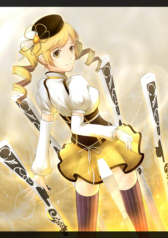 beret blonde_hair breasts corset detached_sleeves drill_hair gun hair_ornament hat lancefate large_breasts letterboxed looking_back magical_girl magical_musket mahou_shoujo_madoka_magica pleated_skirt puffy_sleeves skirt smile solo thigh-highs thighhighs tomoe_mami vertical-striped_legwear vertical_stripes weapon yellow_eyes