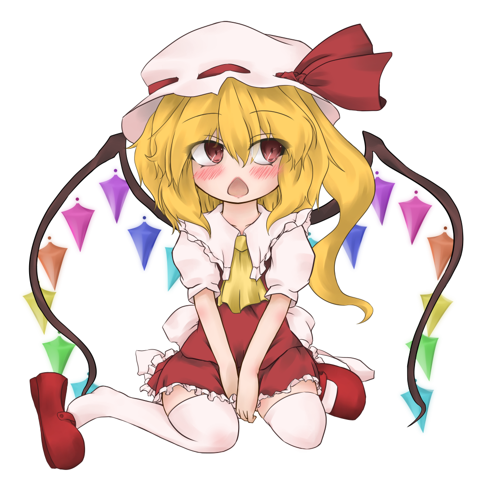 ascot between_legs blonde_hair blush flandre_scarlet hand_between_legs hands_on_lap hat looking_away mary_janes open_mouth qurival-misuna red_eyes shoe_dangle shoes short_hair side_ponytail sitting skirt solo the_embodiment_of_scarlet_devil thigh-highs thighhighs touhou transparent_background v_arms wariza white_legwear wings