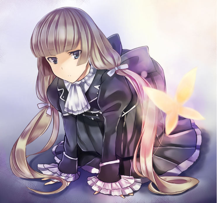 1girl all_fours alternate_hairstyle ascot bangs blonde_hair blunt_bangs butterfly dress frills gosick gothic_lolita hisaori_riko lolita_fashion long_hair long_sleeves parted_lips solo tsurime twintails very_long_hair victorica_de_blois