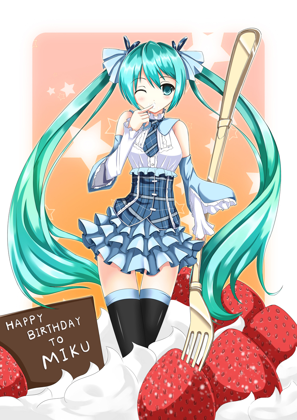 aqua_eyes aqua_hair black_legwear cake chocolate detached_sleeves fatkewell finger_to_mouth food foreshortening fruit hair_ribbon hatsune_miku highres necktie oversized_object plaid ribbon skirt solo star strawberry thigh-highs thighhighs vocaloid whipped_cream wink