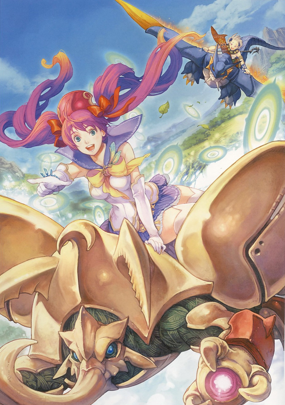 bandeau beetle blue_eyes bow bracelet cave_(developer) cloud dragon elbow_gloves gloves glowing gradient_hair green_eyes haccan hair_bow headdress highres hirow horns jewelry kiniro long_hair multicolored_hair mushihime-sama mushihime-sama_futari official_art open_mouth palm pointing purple_hair reco red_sclera riding silver_hair sitting skirt sky smile staff tail thigh-highs thighhighs twintails very_long_hair white_legwear wings zettai_ryouiki
