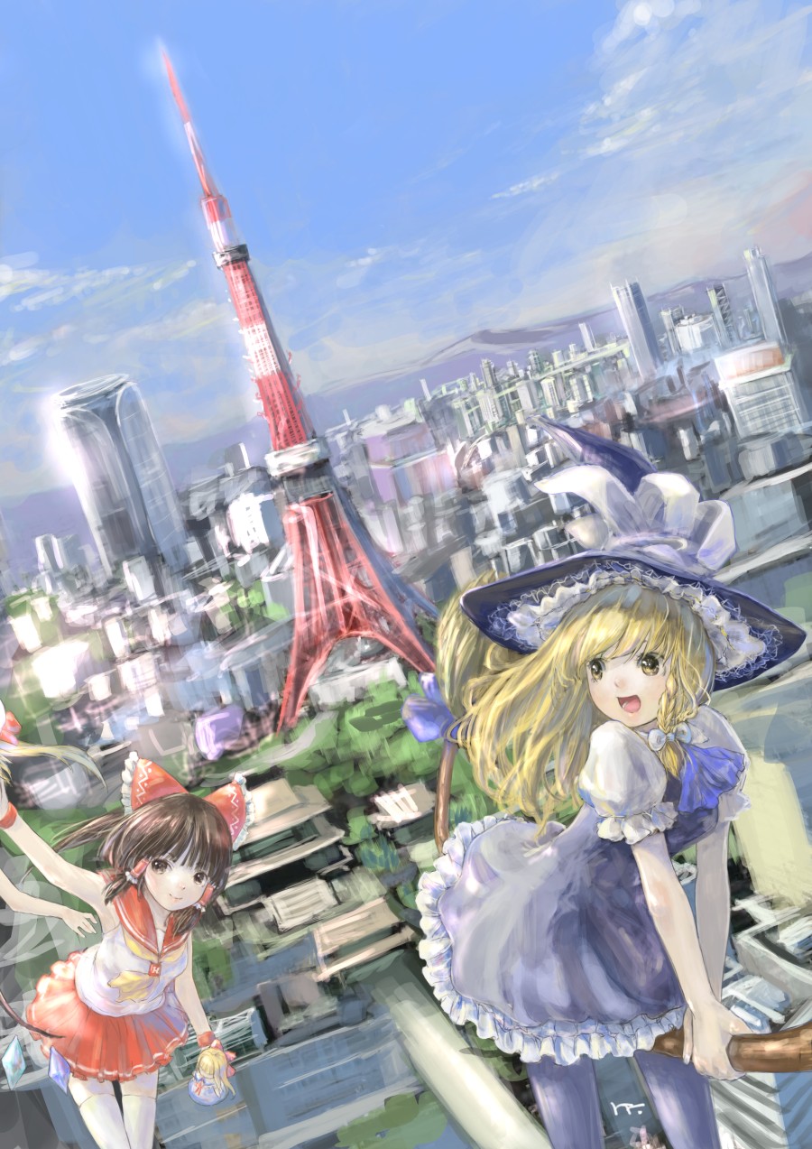 3girls :d alternate_costume ascot bow braid broom broom_riding building cityscape doll dress dutch_angle flandre_scarlet flying frilled_dress frills from_above hair_bow hair_tubes hakurei_reimu hat highres kirisame_marisa landmark looking_back masuchi multiple_girls open_mouth pantyhose sailor_collar shanghai_doll short_dress short_sleeves side_braid signature skirt sky sleeveless smile thigh-highs thighhighs tokyo_(city) tokyo_tower touhou witch witch_hat zettai_ryouiki