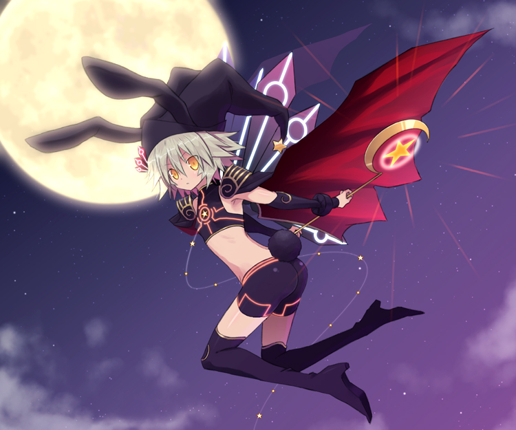 animal_ears battle_spirits boots bunny_ears bunny_tail cape crop_top detached_sleeves flat_chest full_moon grey_hair hyuuga_takashi moon night pauldron pauldrons short_hair shorts star star_(sky) tail the_clownprincess_blackster thigh-highs thigh_boots thighhighs wand yellow_eyes