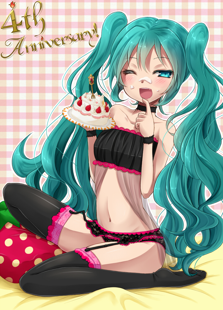 aqua_eyes aqua_hair cake choker finger_to_mouth food food_on_face garter_belt garter_straps hatsune_miku kadomaki_shinnosuke lace lace-trimmed_thighhighs long_hair navel open_mouth sitting solo thigh-highs thighhighs twintails very_long_hair vocaloid wink