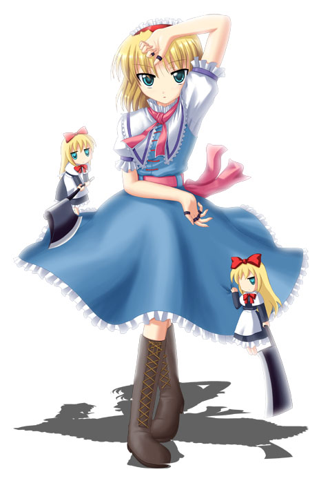 alice_margatroid apron axe blonde_hair blue_eyes boots bow capelet cross-laced_footwear doll dress green_eyes hairband hatchet jewelry kinagi_yuu lace-up_boots oriental_hatchet ribbon ring sash shanghai_doll short_hair solo touhou weapon