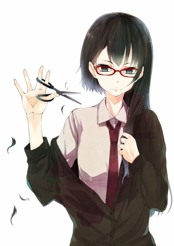 asymmetrical_hair black_eyes cardigan cutting_hair dress_shirt female glasses hair_in_mouth long_hair mouth_hold necktie off_shoulder original rage_(rojiura) red-framed_glasses school_uniform scissors shirt simple_background solo sweater white_background