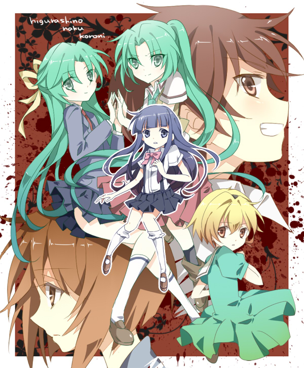 ayumaru_(art_of_life) blonde_hair blood blue_eyes blue_hair bow brown_eyes dress furude_rika green_eyes green_hair grin hanyuu higurashi_no_naku_koro_ni houjou_satoko kneehighs long_hair looking_at_viewer maebara_keiichi multiple_girls ryuuguu_rena short_hair siblings smile sonozaki_mion sonozaki_shion twins white_legwear x1213hide