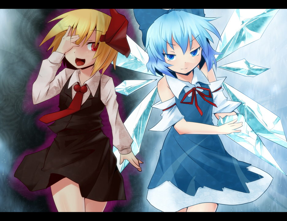 aura ayagi_daifuku blonde_hair blue_eyes blue_hair bow cirno detached_sleeves dress fang hair_bow hair_ribbon hand_over_eye ice ice_wings long_sleeves multiple_girls neck_ribbon necktie open_mouth red_eyes ribbon rumia short_hair side-by-side skirt the_embodiment_of_scarlet_devil touhou wings youkai