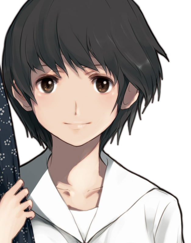 brown_eyes collarbone face holding light_smile original otoufu portrait school_uniform short_hair simple_background solo sword_bag sword_case white_background