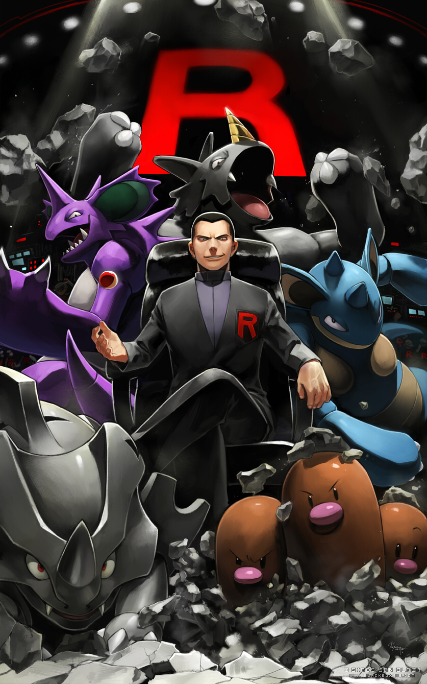 armchair black_hair chair claws crossed_legs dugtrio fangs gym_leader highres horn looking_at_viewer nidoking nidoqueen poke_ball pokemon pokemon_(game) pokemon_rgby rhydon rhyhorn rock sakaki_(pokemon) sires_r_black sitting smile smirk team_rocket