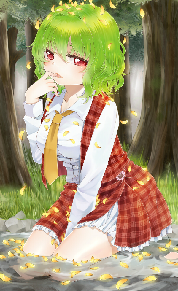 barefoot blush breasts chikamichi_(nicovideo15654758) chikamichi_(ssssgirl) finger_to_mouth forest green_hair kazami_yuuka kneeling leaf leaf_on_head looking_at_viewer nature necktie petals plaid plaid_skirt plaid_vest red_eyes short_hair sitting skirt skirt_set solo submerged touhou tree vest wariza water youkai