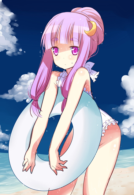 alternate_hairstyle bad_id bare_shoulders beach cloud eyebrows flat_gaze frilled_swimsuit frills innertube izumi_minami leaning_forward long_hair ocean patchouli_knowledge ponytail purple_eyes purple_hair solo swimsuit touhou violet_eyes