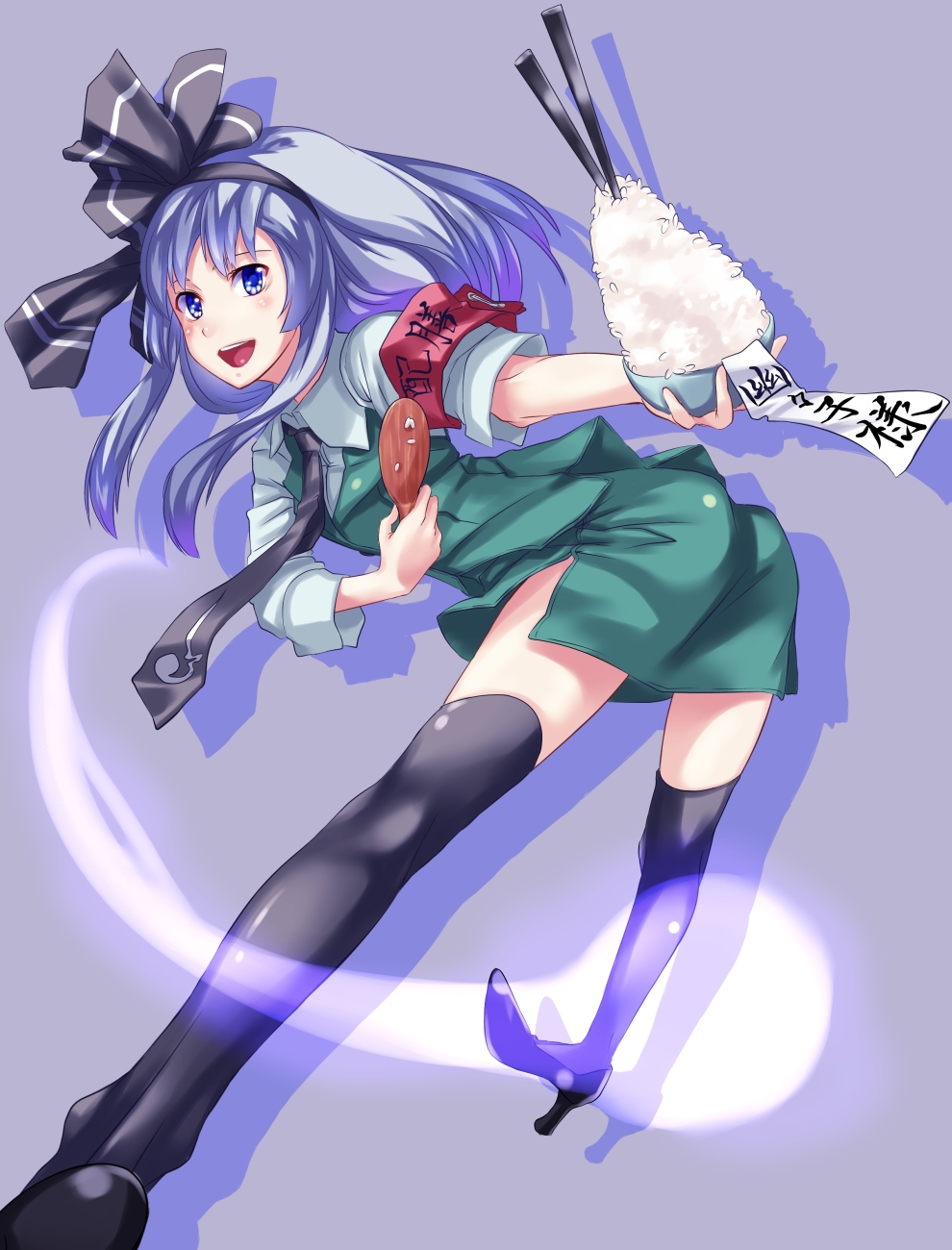 armband black_legwear blue_eyes blue_hair blush bow chopsticks hair_bow hairband high_heels highres konpaku_youmu konpaku_youmu_(ghost) leaning_forward long_hair necktie open_mouth rice rice_bowl rice_spoon ruuto_(sorufu) shoes solo sorufu thigh-highs thighhighs touhou translated translation_request