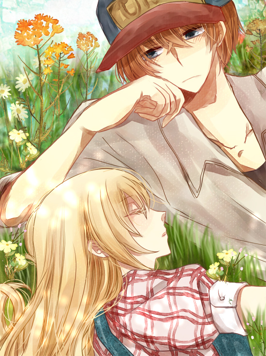 blonde_hair blue_eyes blush brown_hair claire_(harvest_moon) closed_eyes couple eyes_closed flower grass gray_(harvest_moon) harvest_moon hat long_hair open_mouth outdoors ruirui69 sleeping