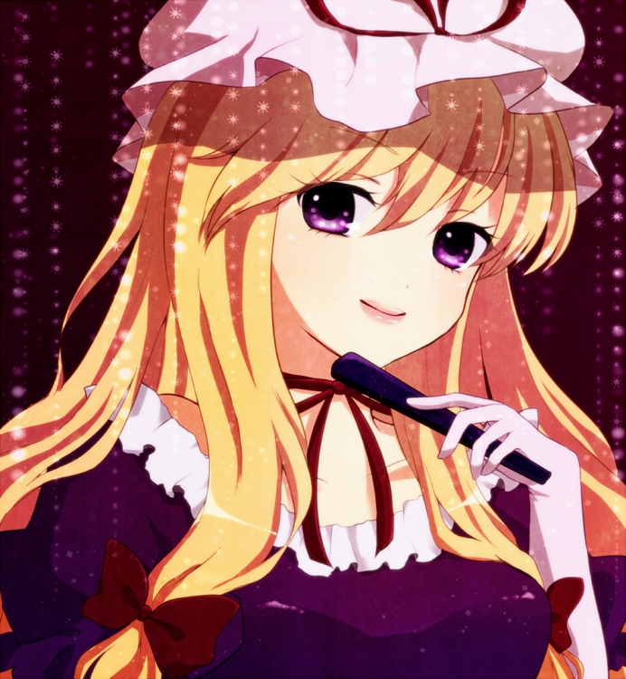 blonde_hair bow hair_bow hat long_hair looking_at_viewer purin_jiisan purple_eyes ribbon smile solo touhou violet_eyes yakumo_yukari