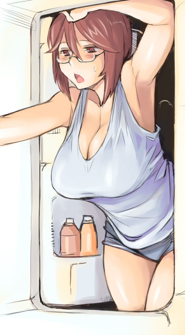 armpits bespectacled blush breasts brown_eyes brown_hair cleavage glasses large_breasts refrigerator rozen_maiden rozenweapon short_hair shorts souseiseki sweatdrop tank_top