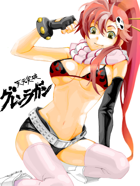 belt bikini_top boots breasts chopsticks cleavage elbow_gloves fingerless_gloves gloves hair_ornament high_ponytail large_breasts long_hair midriff navel pink_legwear ponytail red_hair redhead scarf short_shorts shorts skull smile solo striped striped_scarf studded_belt tegaki tengen_toppa_gurren_lagann thigh-highs thighhighs under_boob underboob white_background yellow_eyes yoko_littner