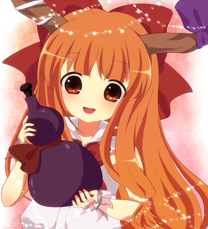 bracelet brown_eyes brown_hair hair_ribbon honrs horns ibuki_suika jewelry long_hair open_mouth orange_hair purin_jiisan ribbon smile solo touhou very_long_hair