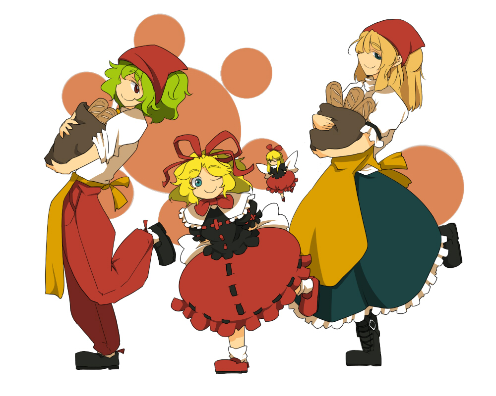 4girls alice_margatroid apron baguette blonde_hair blue_eyes boots bread bubble_skirt carrying chiyoshi_(sevendw) doll food green_hair hair_ribbon head_scarf kazami_yuuka medicine_melancholy multiple_girls pants red_eyes ribbon simple_background smile su-san toe5278 touhou wavy_hair youkai