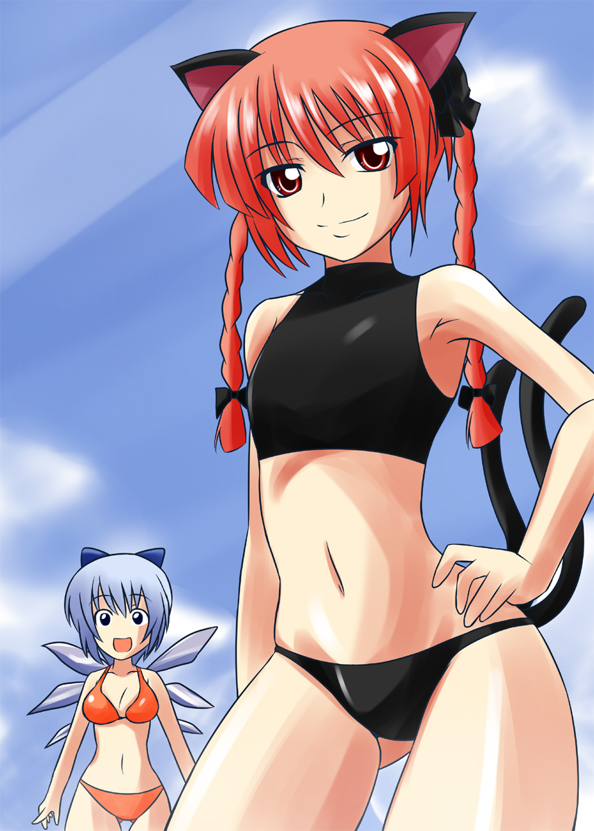 animal_ears bare_shoulders bikini bow braid cat_ears cat_tail cirno flat_chest hair_bow hand_on_hip highres hips kaenbyou_rin light_smile midriff multiple_girls multiple_tails navel nishi_koutarou posing red_eyes red_hair redhead short_hair swimsuit tail tankini touhou twin_braids wings