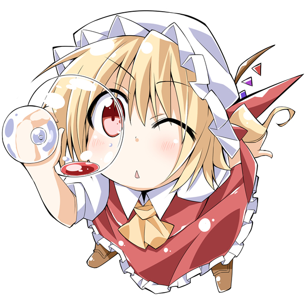 :&lt; ;&lt; ascot bibi blonde_hair blush chibi cup face flandre_scarlet foreshortening hat red_eyes simple_background solo the_embodiment_of_scarlet_devil touhou wine_glass wings wink