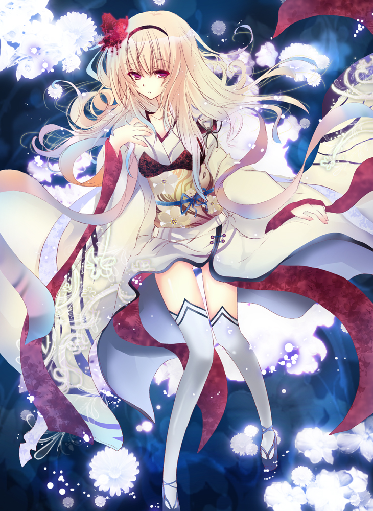 akai_katana blonde_hair flower hair_flower hair_ornament hairband houkiri_nemu japanese_clothes kimono long_hair obi pink_eyes shuumeigiku solo thigh-highs thighhighs white_legwear