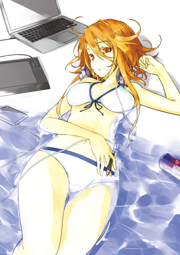 bare_shoulders bikini blonde_hair breasts colored_eyelashes computer front-tie_top headphones iphone laptop lying navel on_back original phone product_placement red_bull solo stylus submerged swimsuit tablet water yellow_eyes