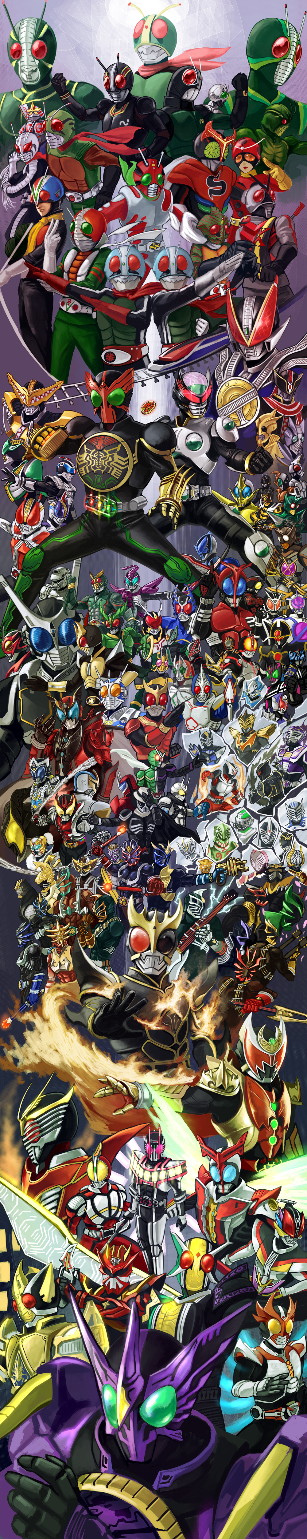 5girls 6+boys absolutely_everyone alternative_zero another_agito antennae belt broken_glass cape card clenched_hand clenched_hands compound_eyes drumsticks electro_wave_human_tackle epic everyone fedora female fire fist gangan_g glass goldra guitar gun hat highres instrument k_tsukumo kamen_rider kamen_rider_1 kamen_rider_2 kamen_rider_555 kamen_rider_abyss kamen_rider_accel kamen_rider_agito kamen_rider_agito_(series) kamen_rider_amaki kamen_rider_amazon kamen_rider_amazon_(series) kamen_rider_arc kamen_rider_birth kamen_rider_black kamen_rider_black_(series) kamen_rider_black_rx kamen_rider_black_rx_(series) kamen_rider_blade kamen_rider_blade_(series) kamen_rider_caucasus kamen_rider_chalice kamen_rider_dark_kabuto kamen_rider_dark_kiva kamen_rider_dcd kamen_rider_decade kamen_rider_delta kamen_rider_den-o kamen_rider_den-o_(series) kamen_rider_diend kamen_rider_double kamen_rider_drake kamen_rider_eiki kamen_rider_eternal kamen_rider_faiz kamen_rider_femme kamen_rider_g kamen_rider_g3 kamen_rider_g4 kamen_rider_g_den-o kamen_rider_gai kamen_rider_gaoh kamen_rider_garren kamen_rider_gatack kamen_rider_gills kamen_rider_glaive kamen_rider_gouki kamen_rider_hercus kamen_rider_hibiki kamen_rider_hibiki_(series) kamen_rider_ibuki kamen_rider_imperer kamen_rider_ixa kamen_rider_j kamen_rider_kabuki kamen_rider_kabuto kamen_rider_kabuto_(series) kamen_rider_kaixa kamen_rider_ketaros kamen_rider_kick_hopper kamen_rider_kiva kamen_rider_kiva_(series) kamen_rider_kivala kamen_rider_knight kamen_rider_kuuga kamen_rider_kuuga_(series) kamen_rider_lance kamen_rider_larc kamen_rider_leangle kamen_rider_nega_den-o kamen_rider_new_den-o kamen_rider_odin kamen_rider_ooo kamen_rider_ooo_(series) kamen_rider_orga kamen_rider_ouja kamen_rider_psyga kamen_rider_punch_hopper kamen_rider_raia kamen_rider_rey kamen_rider_ryuga kamen_rider_ryuki kamen_rider_ryuki_(series) kamen_rider_sabaki kamen_rider_saga kamen_rider_sasword kamen_rider_scissors kamen_rider_shin kamen_rider_skull kamen_rider_stronger kamen_rider_stronger_(series) kamen_rider_super-1 kamen_rider_super-1_(series) kamen_rider_thebee kamen_rider_tiger kamen_rider_todoroki kamen_rider_touki kamen_rider_v3 kamen_rider_verde kamen_rider_w kamen_rider_x kamen_rider_x_(series) kamen_rider_zanki kamen_rider_zeronos kamen_rider_zo kamen_rider_zolda kamen_rider_zx long_image male multiple_boys multiple_girls new_kamen_rider o_medal putotyra_(ooo_combo) railroad_tracks riderman scarf shadow_moon shin_kamen_rider_prologue silvra skyrider sword tall_image train weapon