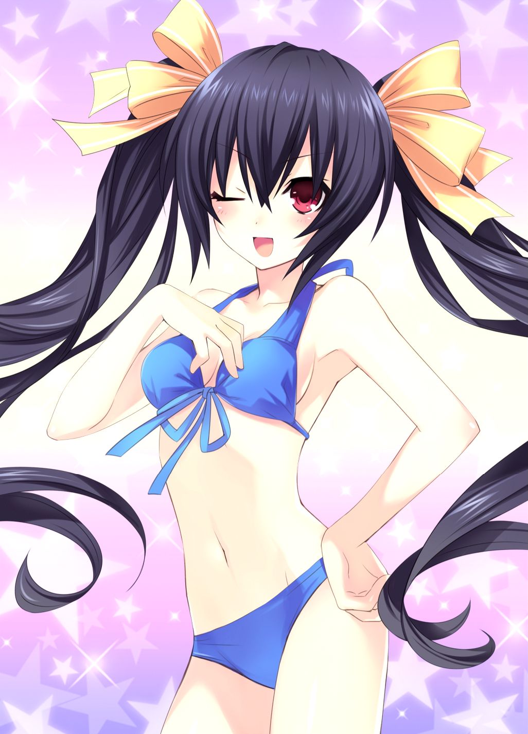 ;d artist_request ayastyle bikini black_hair blush bow breasts choujigen_game_neptune cleavage front-tie_top hair_bow hair_ribbon hand_on_hip hand_to_chest highres hirano_aya long_hair navel noire official_art open_mouth red_eyes ribbon seiyuu_connection sideboob smile solo source_request swimsuit tsunako twintails very_long_hair wardrobe_error wink