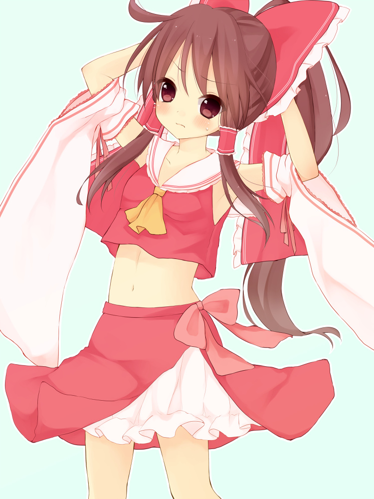 armpits arms_behind_head arms_up blush brown_eyes brown_hair detached_sleeves hair_ribbon hakurei_reimu making_of midriff miko navel ponytail purin_jiisan ribbon solo touhou