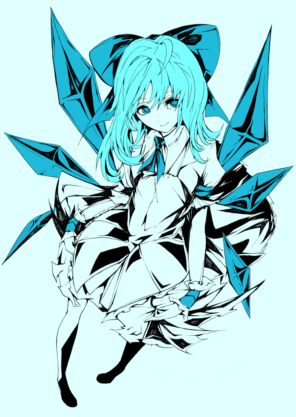 ahoge alternate_hairstyle ascot blue blue_eyes blue_hair bow cirno dress eyelashes hair_bow high_contrast highres ice ice_wings long_hair millipen_(medium) mixed_media monochrome nib_pen_(medium) perspective short_hair simple_background smile solo spot_color teenage touhou traditional_media wings wrist_cuffs yutapon