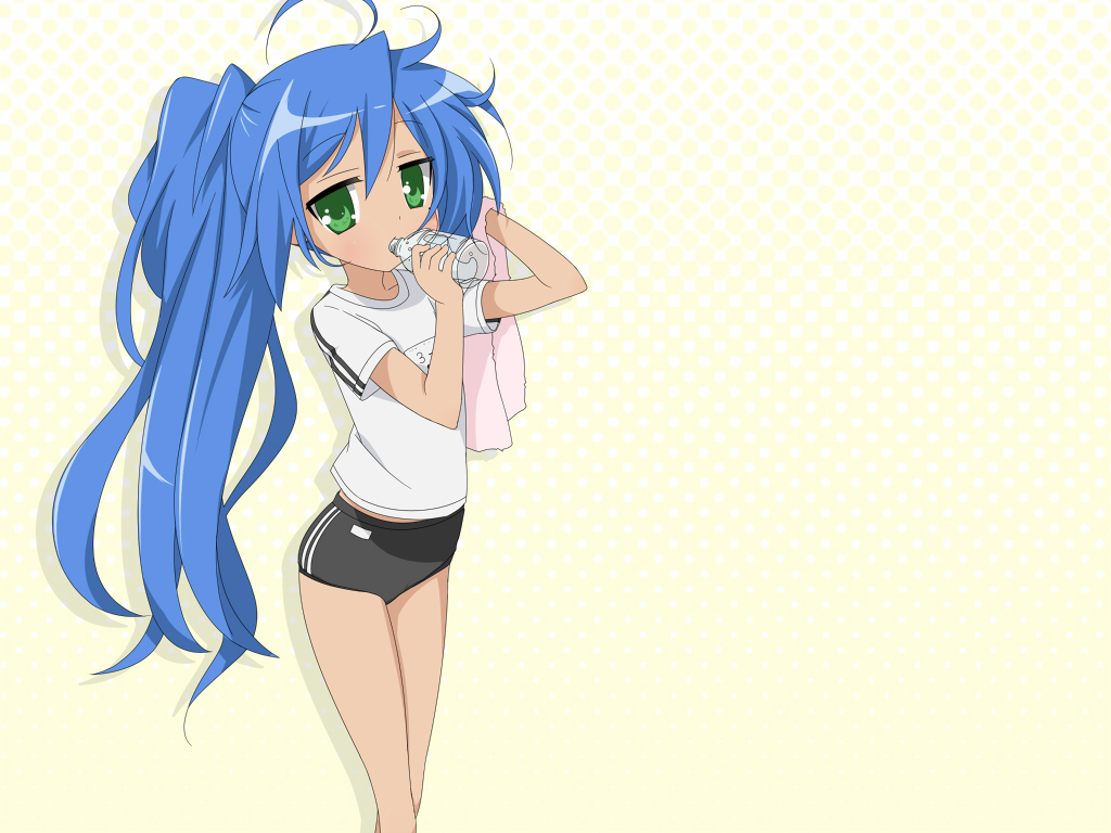 blue_hair bottle buruma drinking green_eyes gym_uniform izumi_konata komo_egg long_hair lucky_star ponytail solo towel