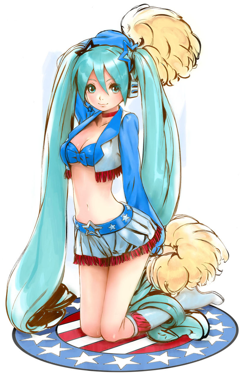 akiman america aqua_eyes aqua_hair boots bow breasts cheerleader choker cleavage collarbone frills hair_ornament hatsune_miku headset highres knee_boots kneeling lips long_hair looking_at_viewer marker_(medium) midriff navel outline pom_poms simple_background smile solo star traditional_media twintails very_long_hair vocaloid yasuda_akira