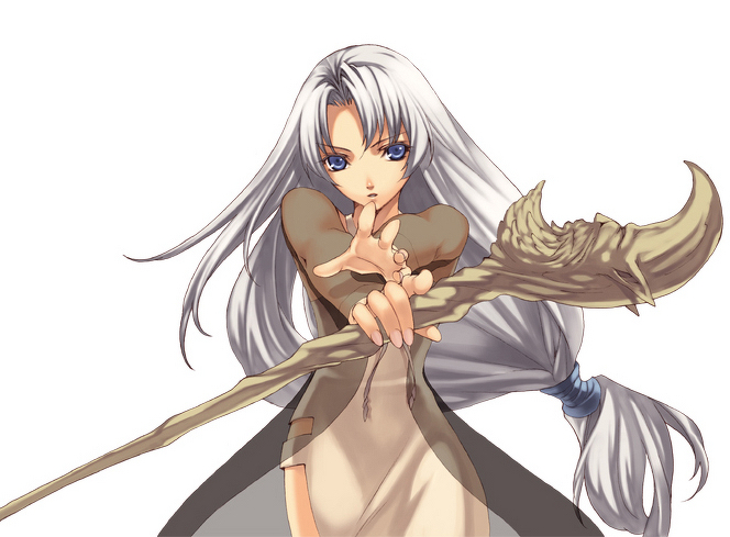 blue_eyes chaos_wars coat crescent_moon foreshortening hirano_katsuyuki idea_factory little_snow long_hair low-tied_long_hair moon rod see-through silver_hair simple_background solo spectral_(series) spectral_force staff white_background white_hair