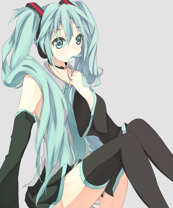 aqua_eyes aqua_hair bad_id hair_in_mouth hatsune_miku headphones kako11 long_hair necktie panties skirt solo striped striped_panties thigh-highs thighhighs twintails underwear very_long_hair vocaloid