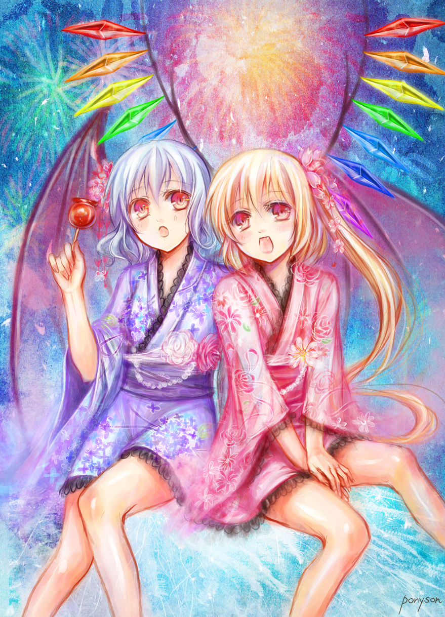 :o alternate_costume bare_legs bat_wings between_legs blonde_hair blue_hair candy_apple fang fireworks flandre_scarlet flower hair_flower hair_ornament hand_between_legs hands_on_lap hands_together highres japanese_clothes kimono long_hair multiple_girls no_hat no_headwear open_mouth pony_(artist) red_eyes remilia_scarlet short_kimono short_yukata siblings side-by-side side_ponytail signature sisters sitting smile touhou v_arms wings yukata