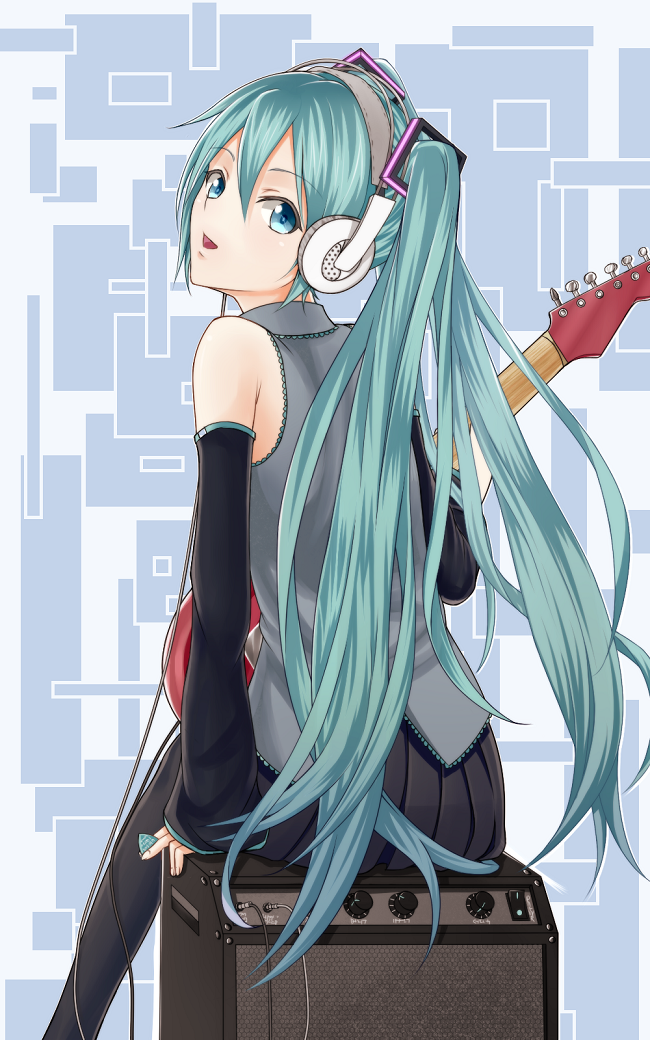 amplifier aqua_eyes aqua_hair arm_support bad_id detached_sleeves from_behind guitar hatsune_miku headphones heisei_yutorin instrument long_hair looking_back open_mouth pantyhose plectrum sitting solo very_long_hair vocaloid