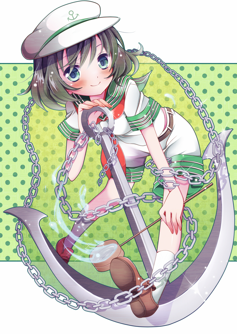 anchor bad_id belt black_hair blush chain chains green_eyes hat hishaku ladle murasa_minamitsu nekosugiayana sailor sailor_hat short_hair shorts smile solo touhou