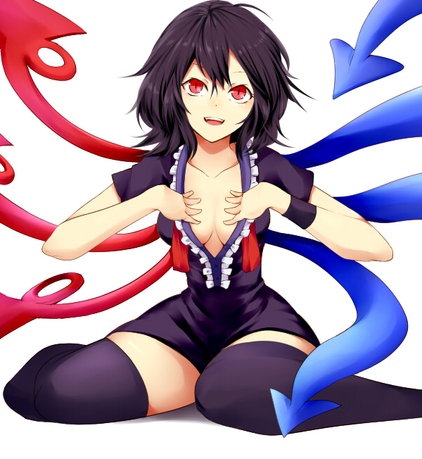 asymmetrical_wings bad_id black_hair black_legwear breasts cleavage dress houjuu_nue no_bra red_eyes sitting slit_pupils solo thighhighs touhou tsuchifumazu wariza wings zettai_ryouiki